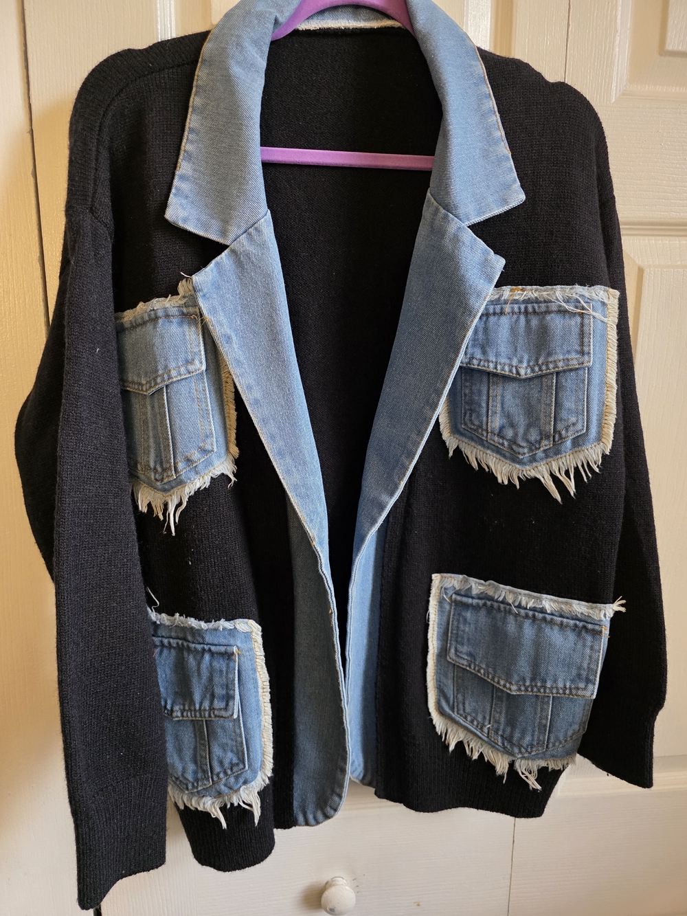 Denim-Trim Black Knit Jacket with Frayed Pockets